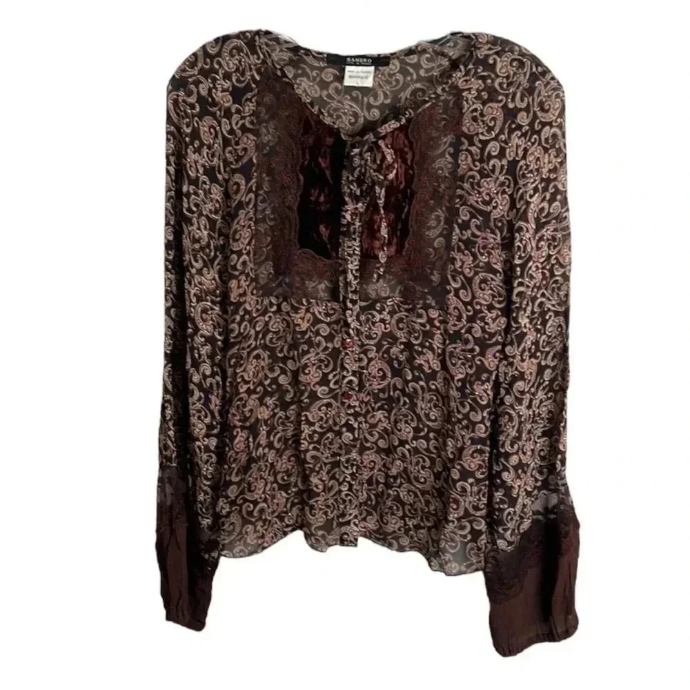 Sandro Brown Paisley Sheer Button Down Blouse Size Medium